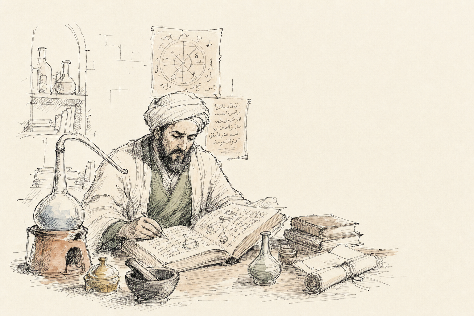 Ein mittelalterlicher Alchemist in einem Labor, umgeben von Glasgefäßen und Schriftrollen.