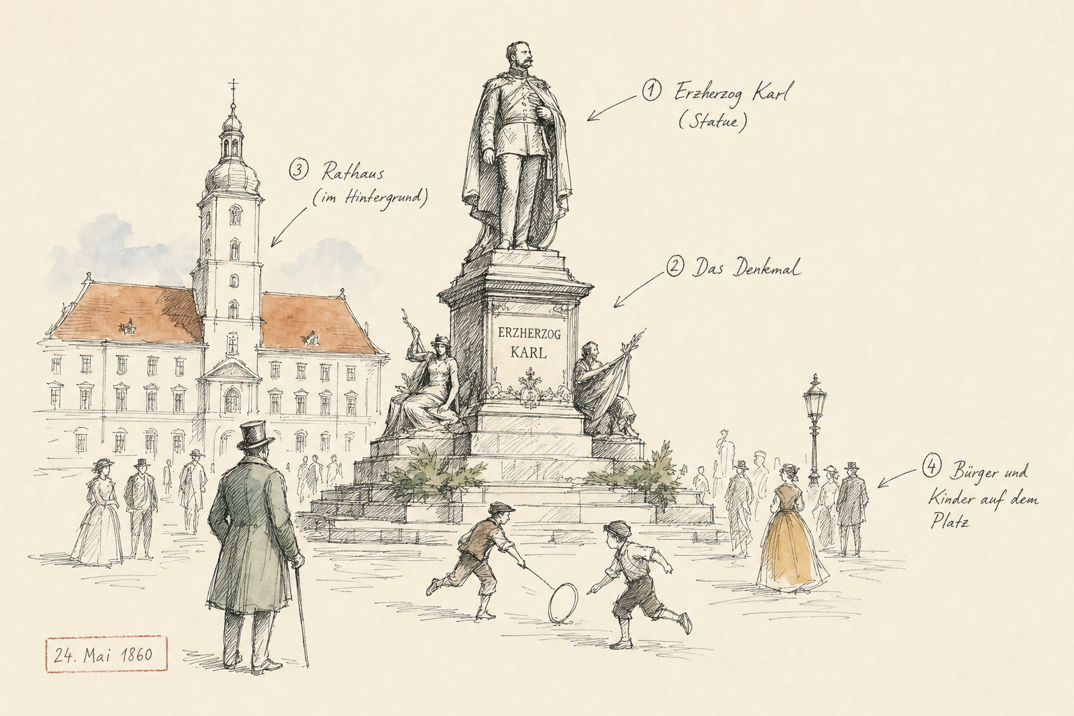 Das Erzherzog-Karl-Denkmal in einem grünen Wald in Augsburg.