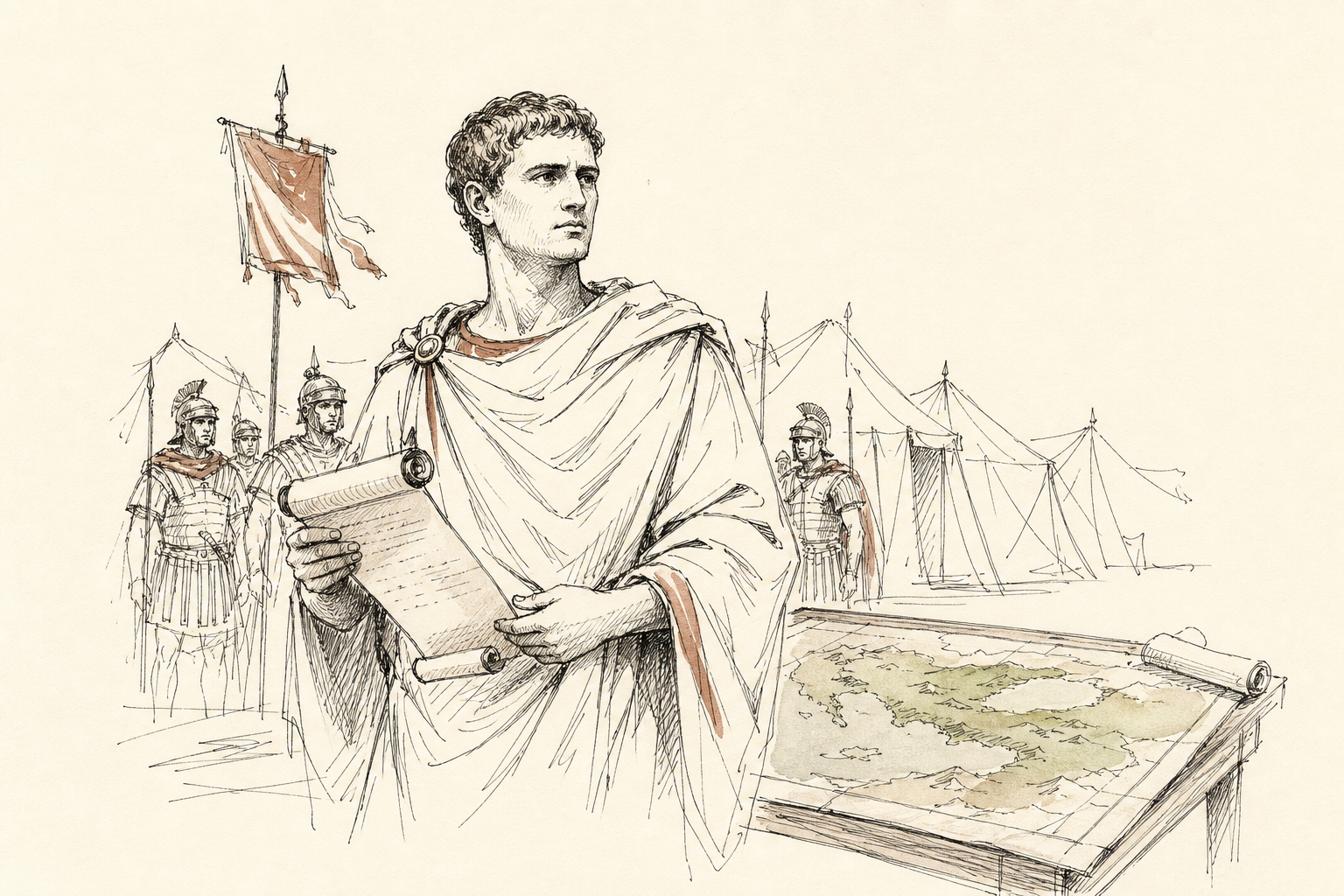 Darstellung von Gaius Octavius, einem römischen Politiker aus der Antike, in einer toga.