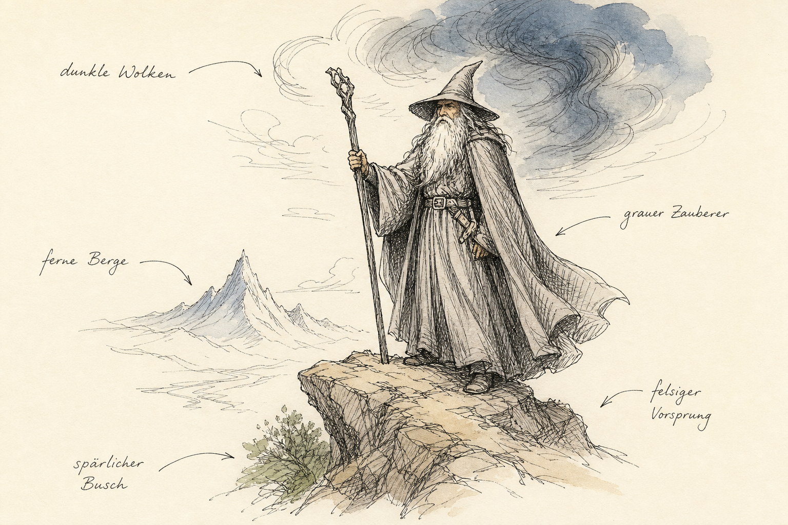 Eine Darstellung von Gandalf, dem Zauberer, mit grauem Mantel und Hut, der seinen Zauberstab in der Hand hält.