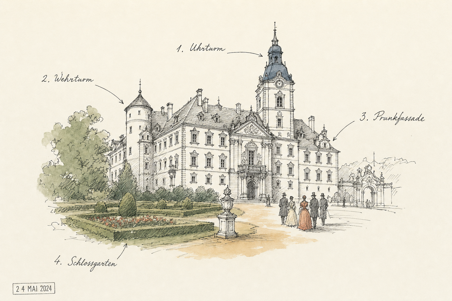 Das Habsburger Schloss, umgeben von Natur und einem Park.