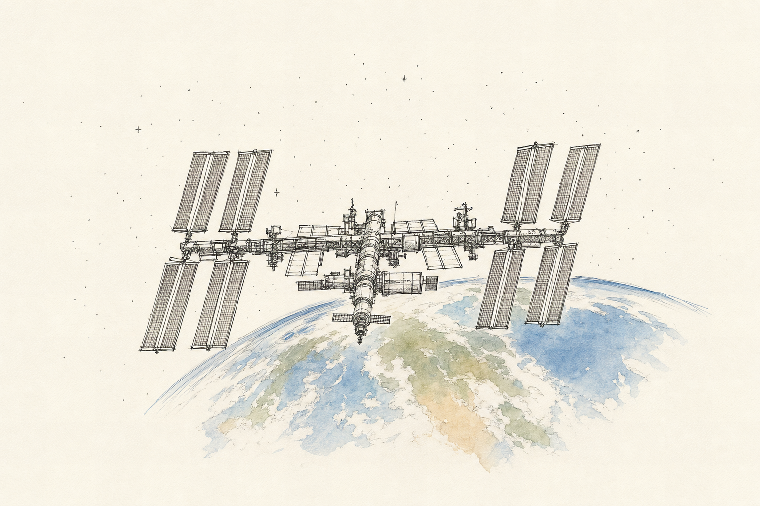 Die Internationale Raumstation über der Erde, mit Solarmodulen und verschiedenen Modulen sichtbar.