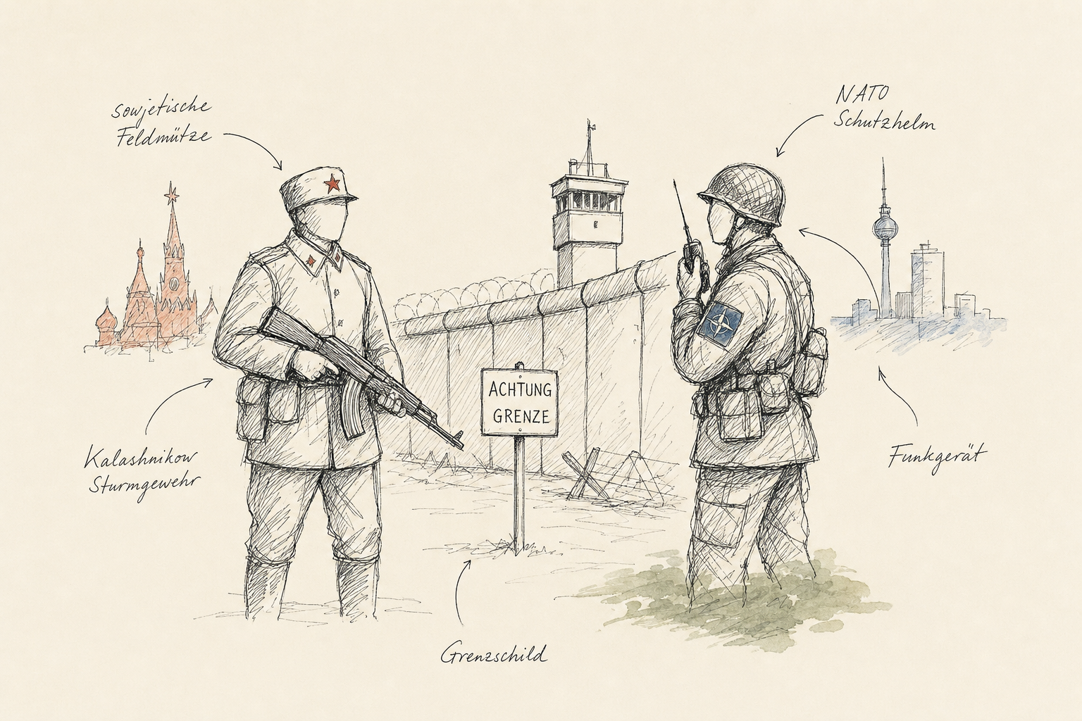 Karte, die die Teilung der Welt während des Kalten Krieges zeigt, mit den NATO-Staaten im Westen und dem Warschauer Pakt im Osten.