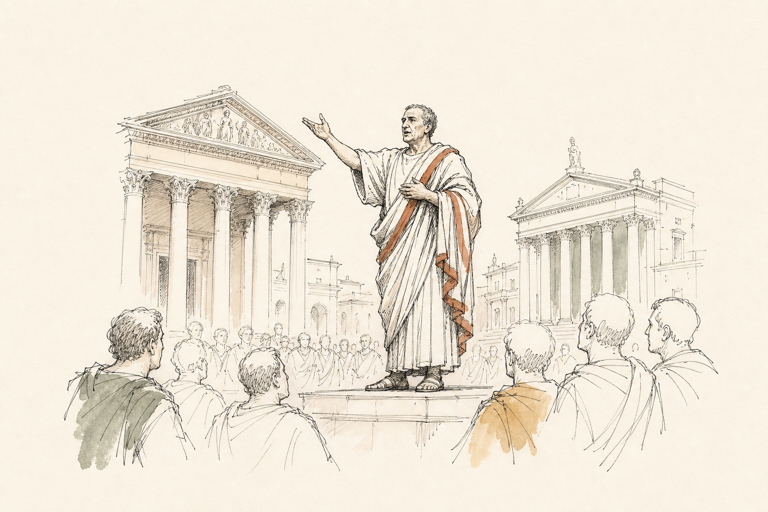 Cicero in römischer Toga, in der Hand eine Schriftrolle haltend, im Hintergrund das Forum Romanum.