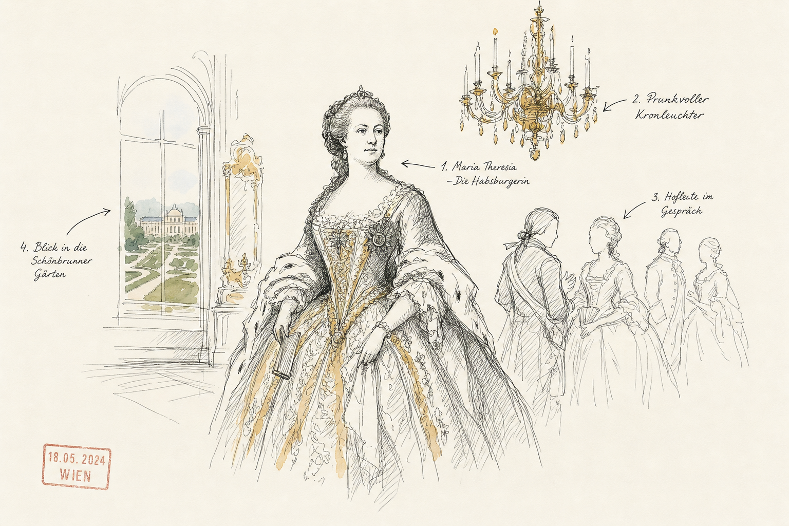 Maria Theresia in prächtigem Gewand an einem großen Schreibtisch in einem opulenten Raum.
