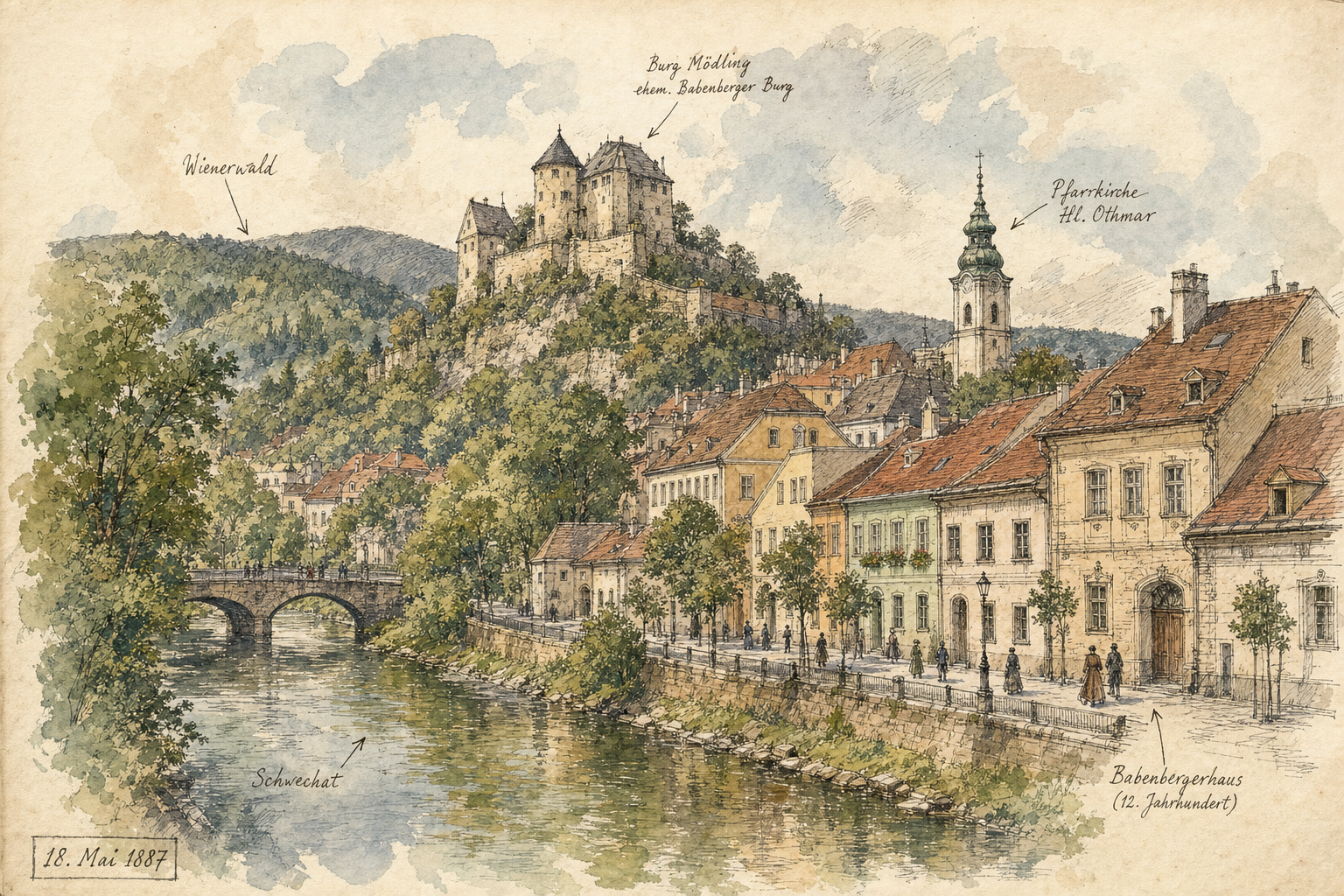 Blick auf die Stadt Mödling mit Burg, Fluss und bunten Häusern.