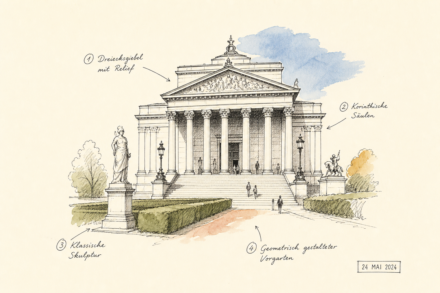 Eine beeindruckende neoklassizistische Architektur mit Säulen und Garten.