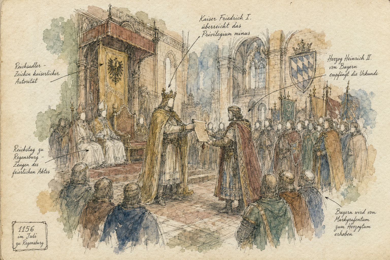 Darstellung der Zeremonie der Ausstellung des Privilegium minus im Jahr 1156 in Regensburg.