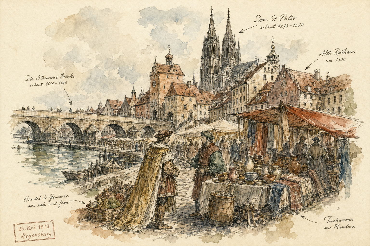 Eine lebhafte Marktszene in der Altstadt von Regensburg mit mittelalterlicher Architektur.