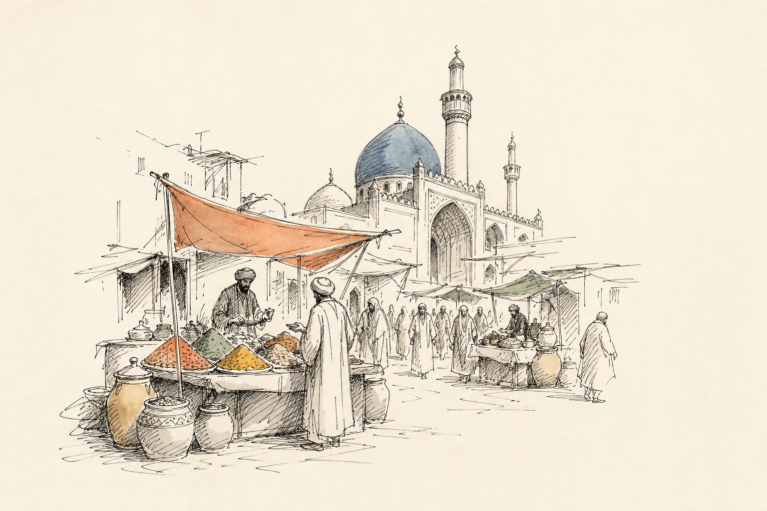 Ein Blick auf die historische Stadt Bagdad im Mittelalter, mit Marktständen, Gelehrten und alten Gebäuden.