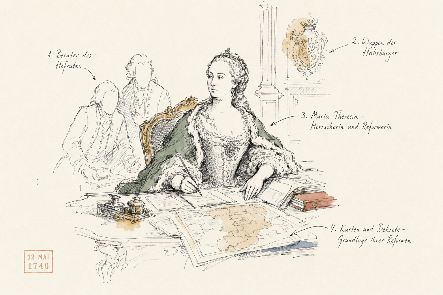 Eine historische Darstellung von Maria Theresia im Schloss Schönbrunn.