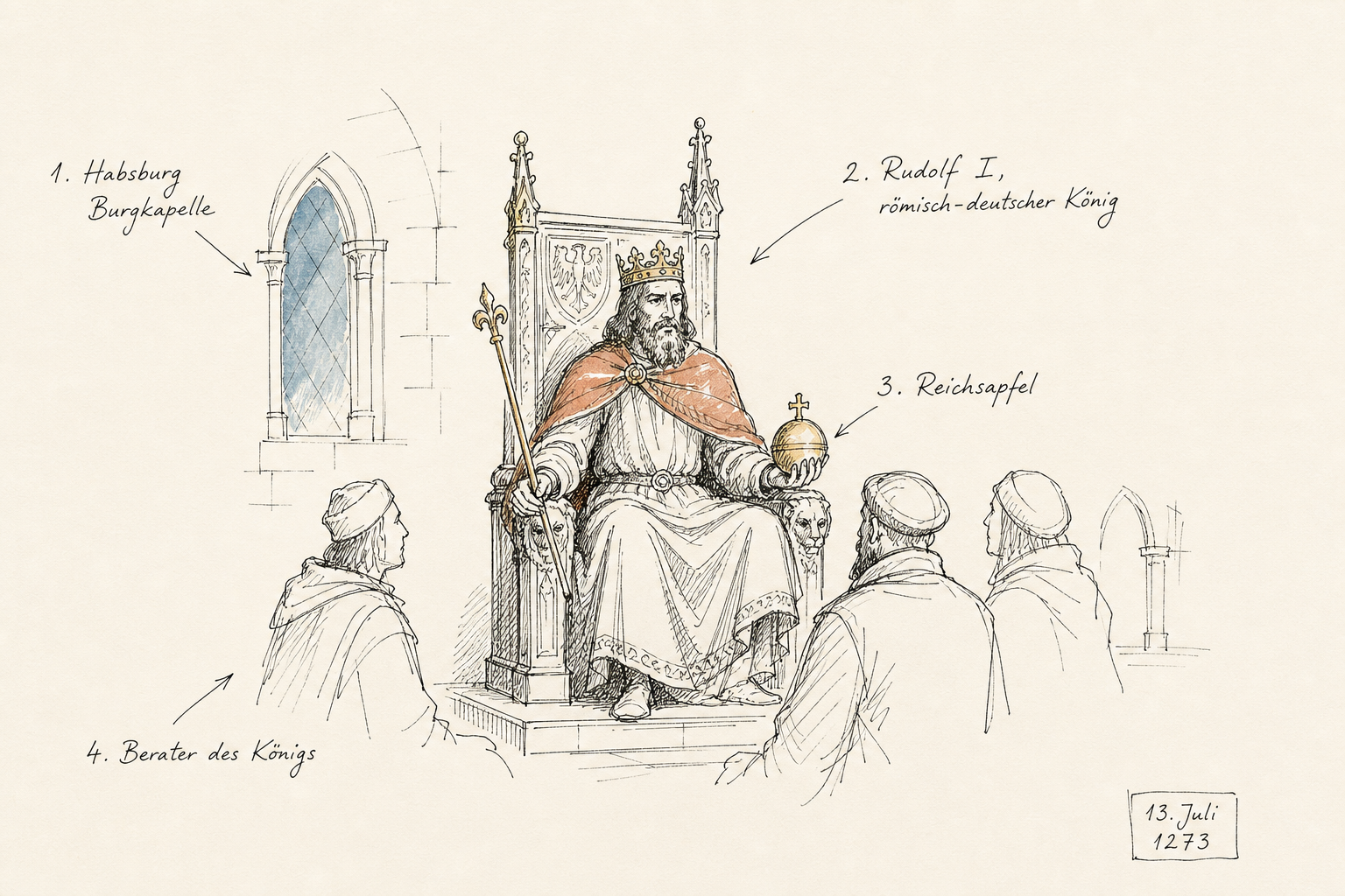 Rudolf I. auf einem prunkvollen Thron in einem großen Saal mit Beratern.
