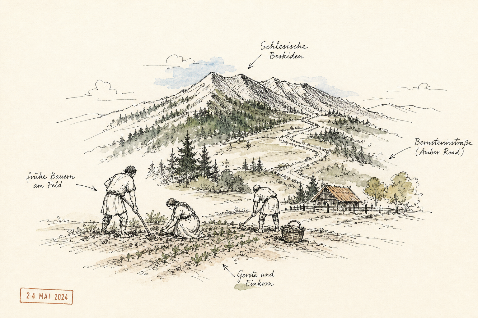 Landschaft der Schlesischen Beskiden mit Bauern bei der Arbeit.