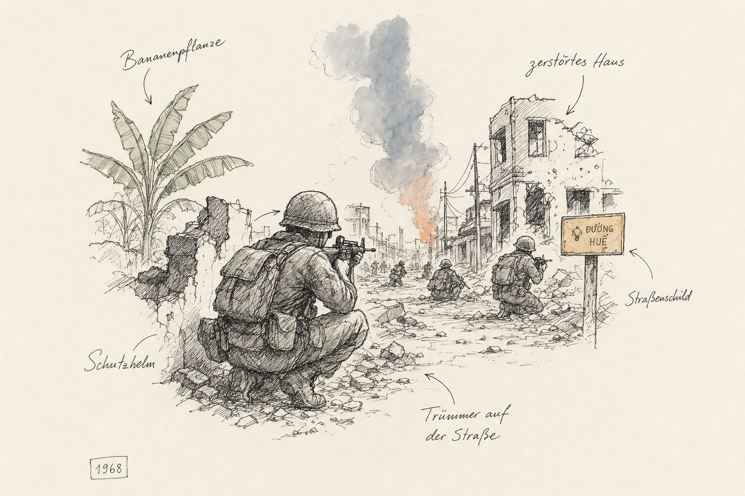 Ein Bild, das die Kämpfe während der Tet-Offensive in Vietnam zeigt, mit Soldaten und Zerstörung.